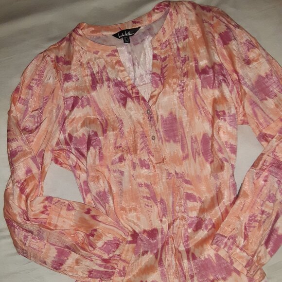 NWT Nicole Miller LS Soft Summer Blouse in Orange & Raspberry * Shimmer * L * - Picture 6 of 7